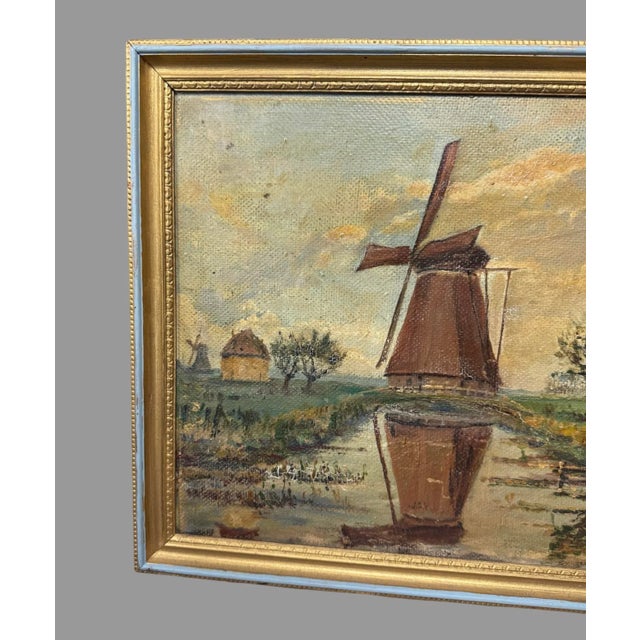 Vintage Primitive Country Landscape with Windmill Oil Painting On Artist Board In good original condition showing some...