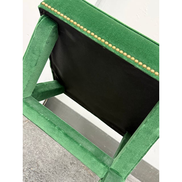 Hollywood Regency Style Green Velvet X-Base Ottoman Stools, Pair For Sale In San Francisco - Image 6 of 12