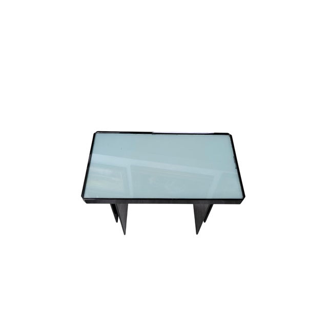 Black Pair of Modernist Black Acrylic Tables With Teal Glass Tops For Sale - Image 8 of 11