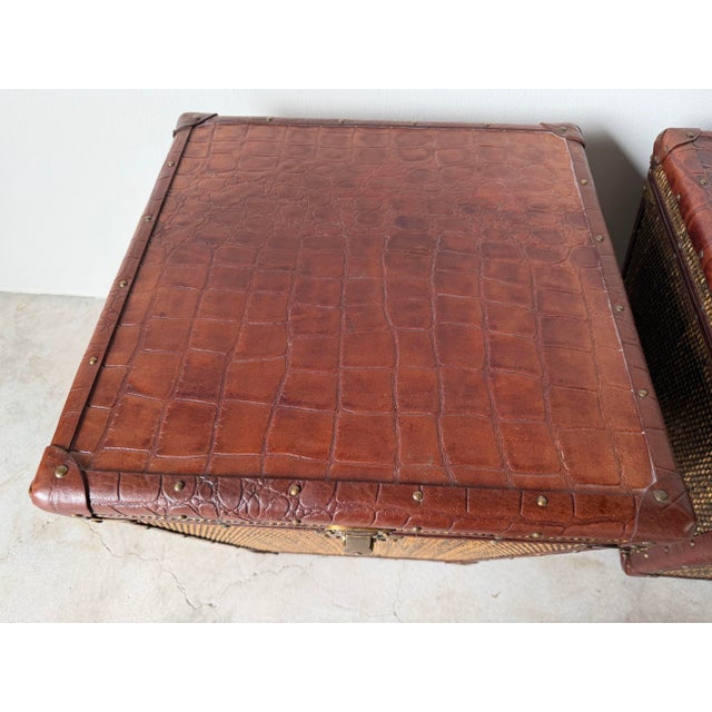 Baker Milling Road Campaign-Style Rattan & Leather Trunk Side Tables — A Pair For Sale In Miami - Image 6 of 12