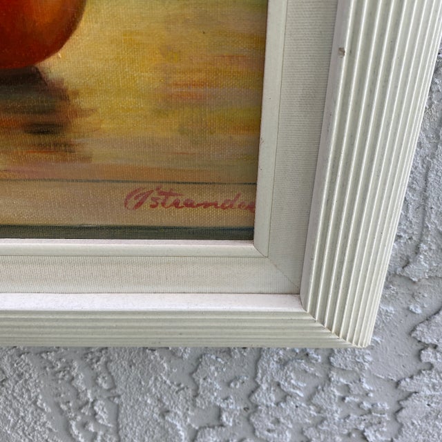 Very rich colors in this painting that would compliment any interior. Shows flowers and fruit against a city view. Rich...