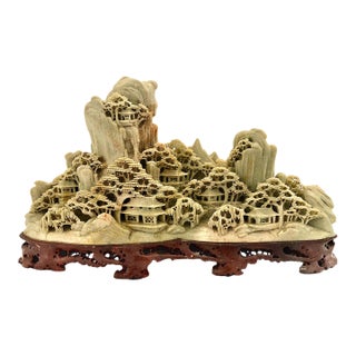Vintage Chinese Soapstone Carving of a Serene Mountain Village For Sale