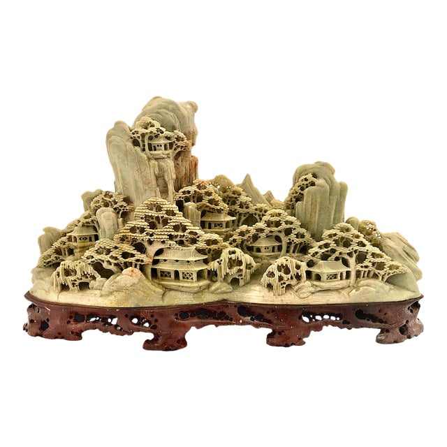 Vintage Chinese Soapstone Carving of a Serene Mountain Village For Sale