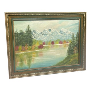 1990s Gold and Green Framed Riverside Painting With Colorful Foliage and Mountains For Sale