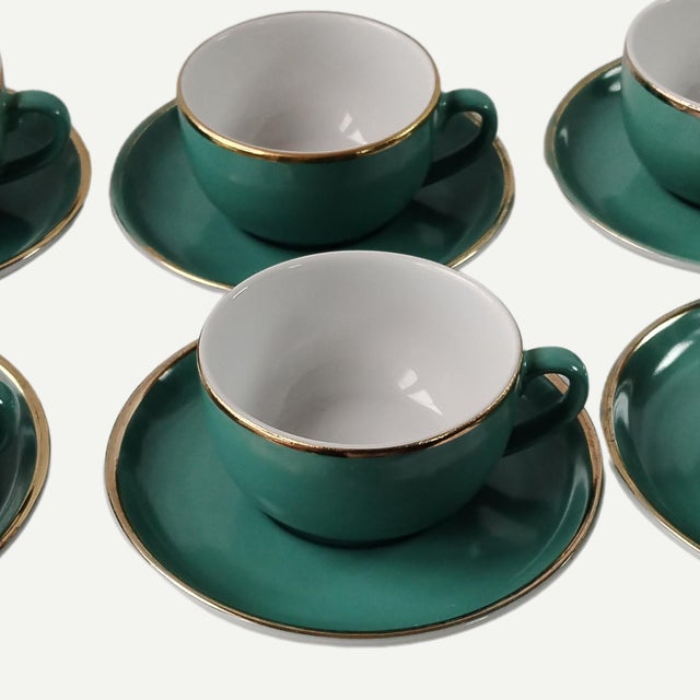 Vintage Coffee Cups in Turquoise Green Porcelain with Gold Detailing from Mitterteich Bavaria, 1950s, Set of 12 For Sale - Image 10 of 11