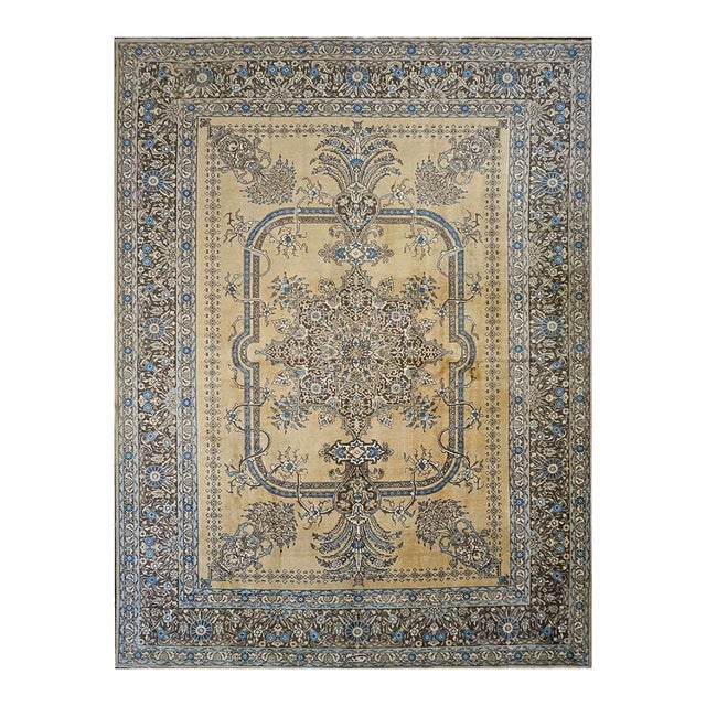 Antique Persian Tabriz Wool 10x13 Tan, Blue & Charcoal Handmade Area Rug #9902951 For Sale