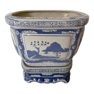 Vintage Blue and White Chinoiserie Planter on Stand For Sale