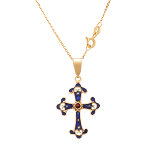 Vintage 14k Yellow Gold Blue Enamel Cross Pendant With Garnet Center & 16" Cable Chain