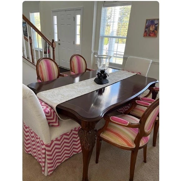 Beautifully crafted French Empire style mahogany Stanley dining set with new designer inspired upholstry in a vibrant Lily...