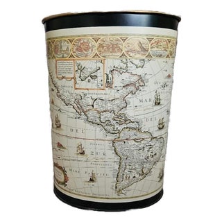 Vintage Map of the Americas North and South America Black Metal Wastebasket Bin For Sale
