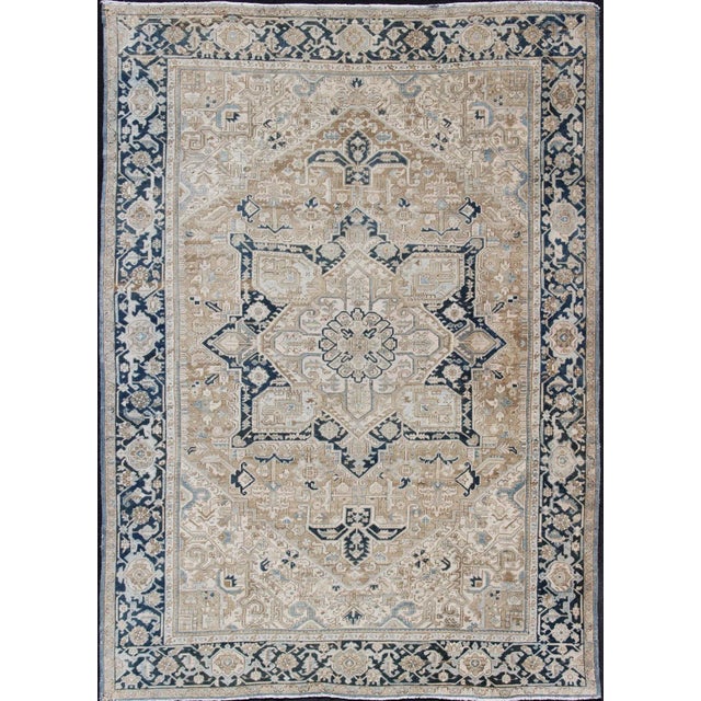 Antique Persian Heriz Rug With Geometric Medallion Design in Taupe, Blue-Gray For Sale - Image 13 of 13