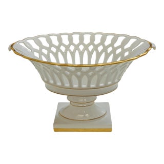 Corbeille Reticulated Compote 14" W XL Vista Alegre Gold Accents White Porcelain Vintage Pedestal Bowl For Sale
