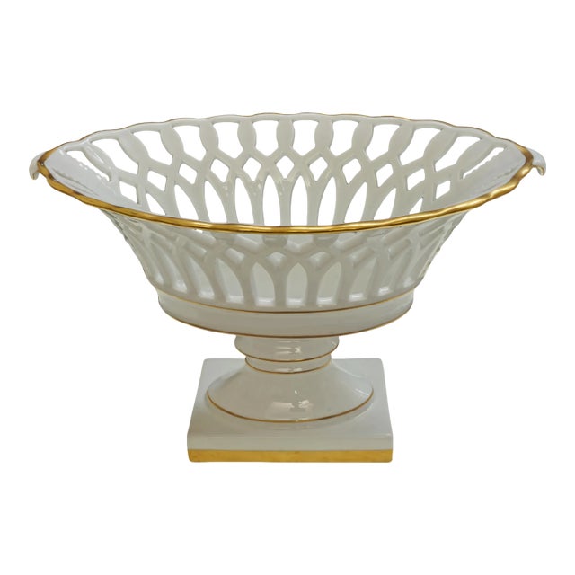 Corbeille Reticulated Compote 14" W XL Vista Alegre Gold Accents White Porcelain Vintage Pedestal Bowl For Sale