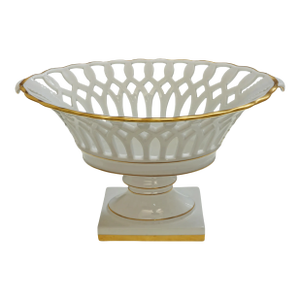 Corbeille Reticulated Compote 14" W XL Vista Alegre Gold Accents White Porcelain Vintage Pedestal Bowl