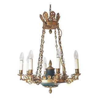 Royal French Empire Gilt Bronze and Forest Green 8-Armed Chandelier, 1950s For Sale