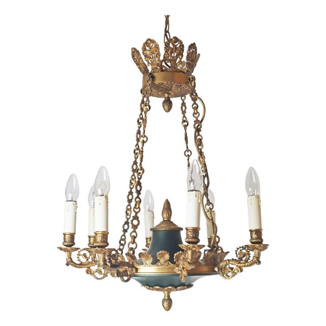 Royal French Empire Gilt Bronze and Forest Green 8-Armed Chandelier, 1950s For Sale