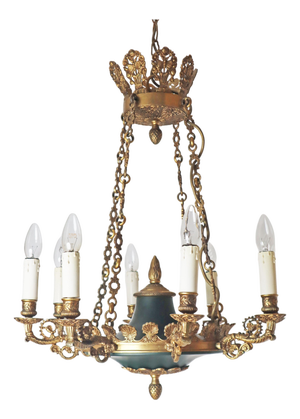 Royal French Empire Gilt Bronze and Forest Green 8-Armed Chandelier, 1950s