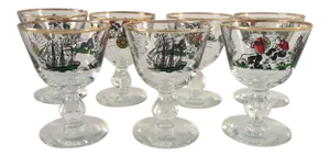 Midcentury Libbey Treasure Island Liquor Cocktail Pedestal Glasses S/7