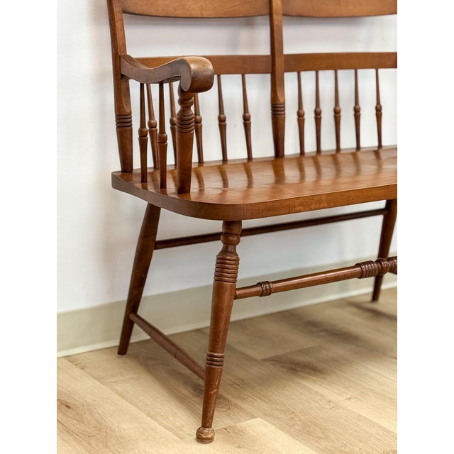 Wood Vintage Maple Spindle Two-Seat Bench Double Crest Turned Legs Farmhouse For Sale - Image 7 of 18
