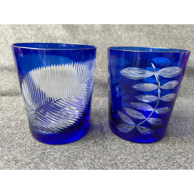 Mid 20th Century Bohemia Cut to Clear Cobalt Etched Tumblers Glasses a Pair For Sale - Image 4 of 15