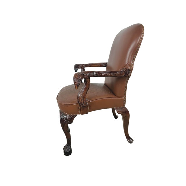Vintage Maitland-Smith Carved Wood & Brown Leather Armchair For Sale - Image 9 of 18