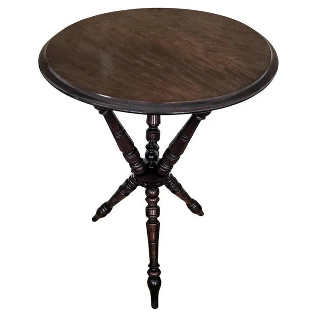 Antique Italian Round Walnut Tripod Side Table with Carved Bun Stretcher, 1890s For Sale - Image 10 of 10