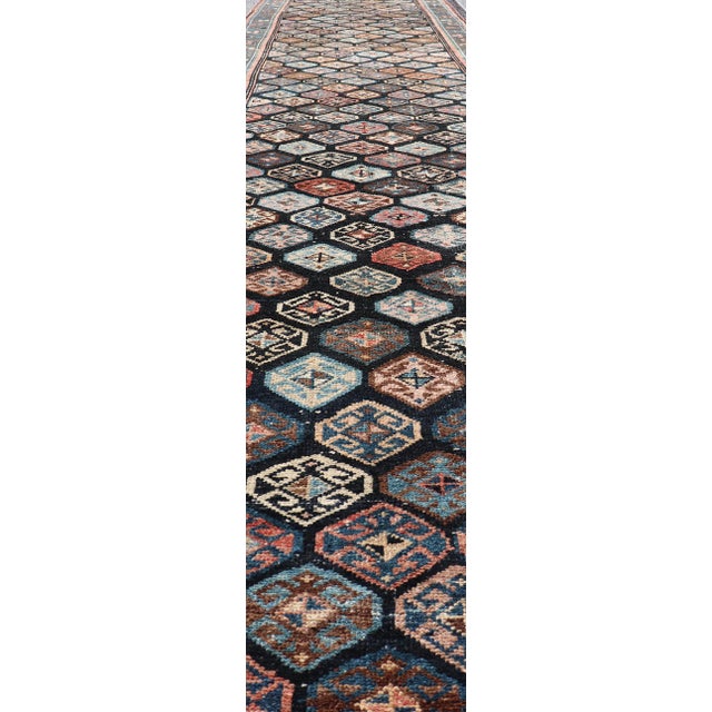 Textile Antique Hamadan Runner With All-Over Tribal Design in Jewel Tones 3'5 X 18'8 For Sale - Image 7 of 15