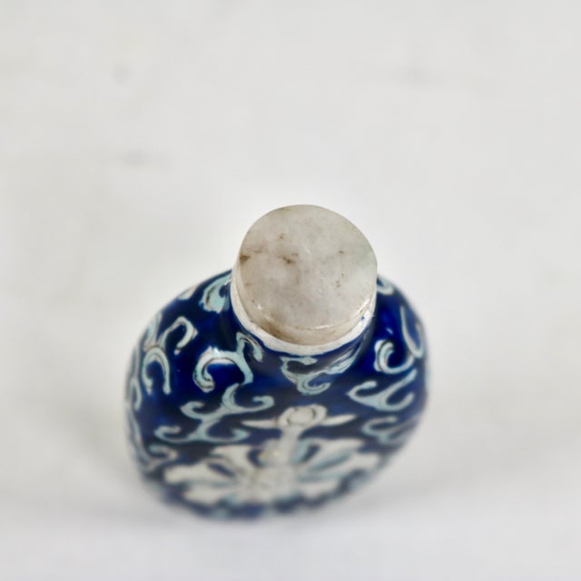 Ceramic Antique Blue & White Enamel Lotus Flower Chinese Snuff Bottle With Stone Stopper For Sale - Image 7 of 15