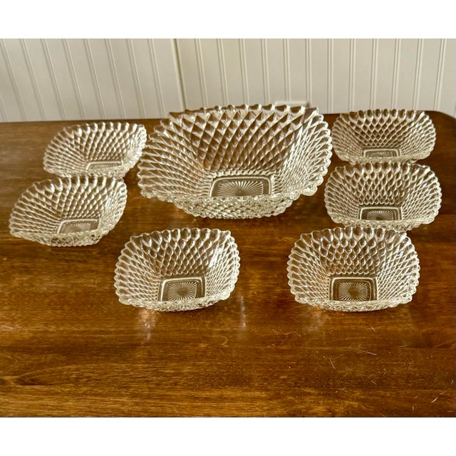 Indiana Glass produced a variety of square-shaped Diamond Point pieces, most notably 6 individual bowls 5-inch, and larger...