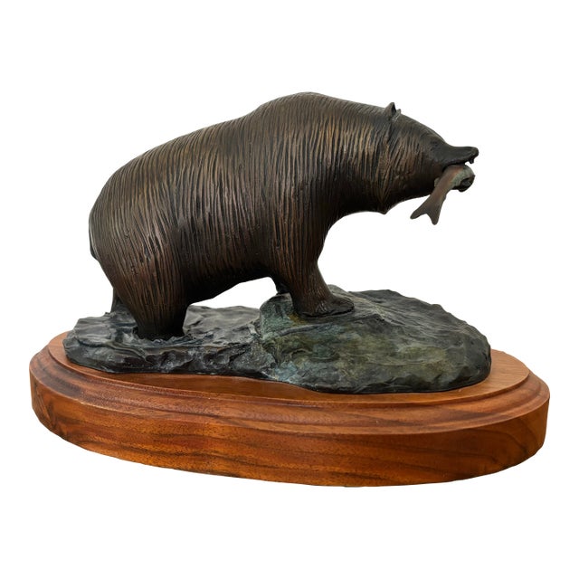 1990s Bronze Bear With Fish on Wooden Pedestal For Sale