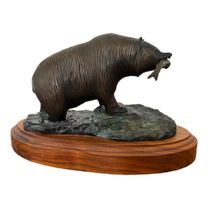 1990s Bronze Bear With Fish on Wooden Pedestal
