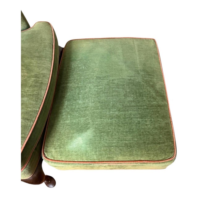 Vintage Wingback Chair and Ottoman by Woodmark Originals in Green Velvet With Terracotta Piping, a Set For Sale - Image 12 of 13