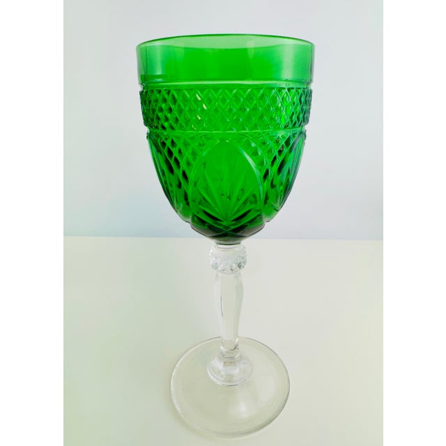 Vintage Emerald Green Pressed Glass Water Goblets With Clear Stems, Set of 13 For Sale - Image 4 of 13