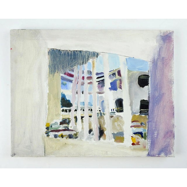 Circa late 20th century oil on canvas abstract view from a window of city street by Marilyn Lanfear (1930-2020) Texas....