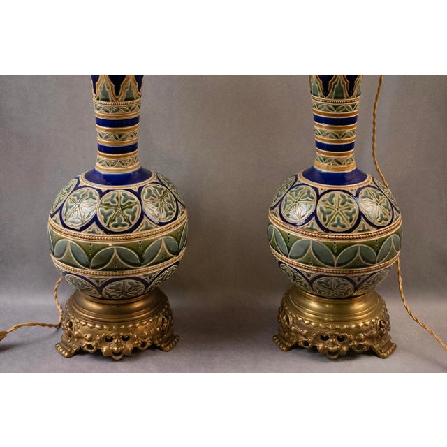 Electrified Kerosene Lamps in Glazed Earthenware with Gilt Bronze Mounts and Geometric Decor from Longwy, Late 19th Century, Set of 2 For Sale - Image 12 of 14