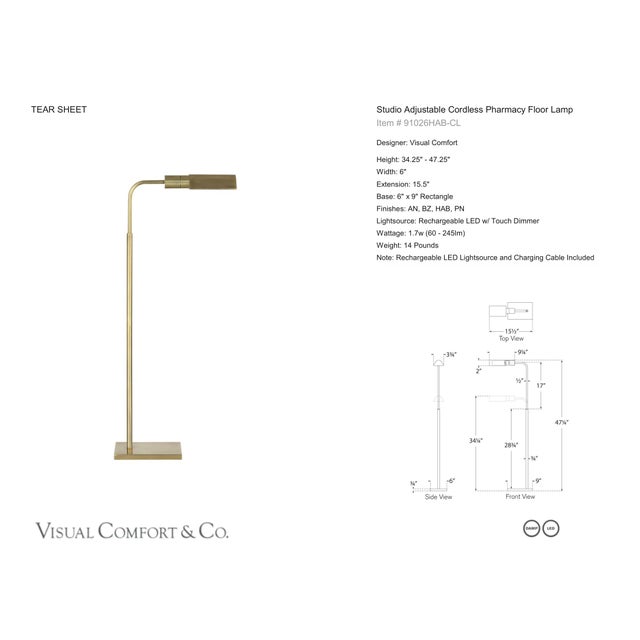 Visual Comfort Signature Studio Adjustable Cordless Pharmacy Floor Lamp in Hand-Rubbed Antique Brass Designer: Visual...