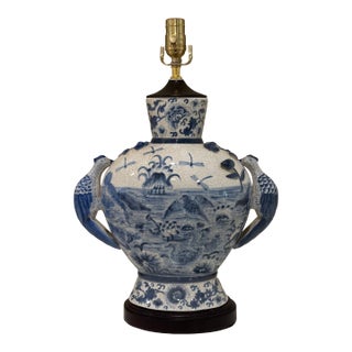 Large Scale Chinoiserie Blue and White Porcelain Table Lamp With Sculptural Bird Handles For Sale