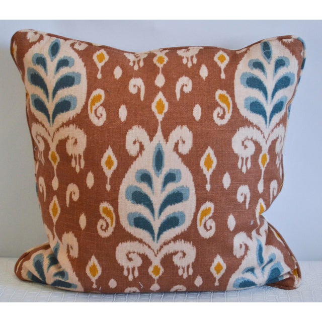 A Fabricut ikeat print pillow. Linen. Solid cream linen back. 18" x 18". Down Insert. Invisible zipper closure.
