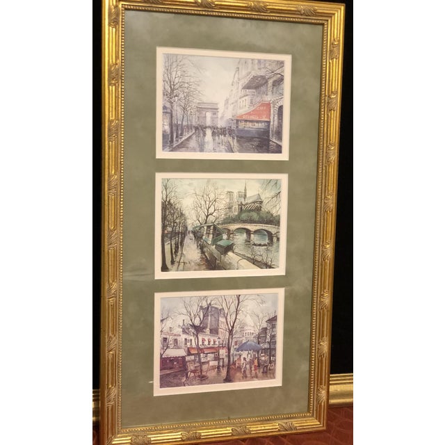 Wood Vintage Framed Triptych Parisian Street Scenes Lithograph Prints by Georges B. For Sale - Image 7 of 10