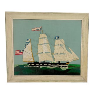 Large 1970s Nautical Crewel Embroidery Clipper Ship “Nantucket Whaler” — Period Execution of Erica Wilson Design, Framed American Folk Art For Sale