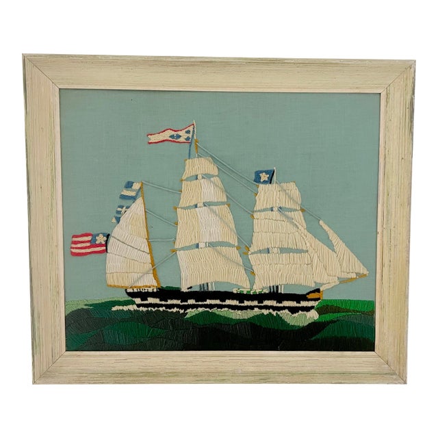 Large 1970s Nautical Crewel Embroidery Clipper Ship “Nantucket Whaler” — Period Execution of Erica Wilson Design, Framed American Folk Art For Sale
