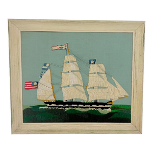 Large 1970s Nautical Crewel Embroidery Clipper Ship “Nantucket Whaler” — Period Execution of Erica Wilson Design, Framed American Folk Art