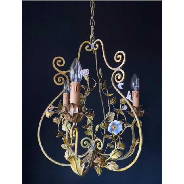 Iron and Ceramic Chandelier, 1960s For Sale - Image 3 of 12
