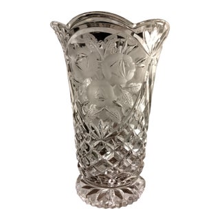 Mid 20th Century Crystal Flower Etched Vase For Sale