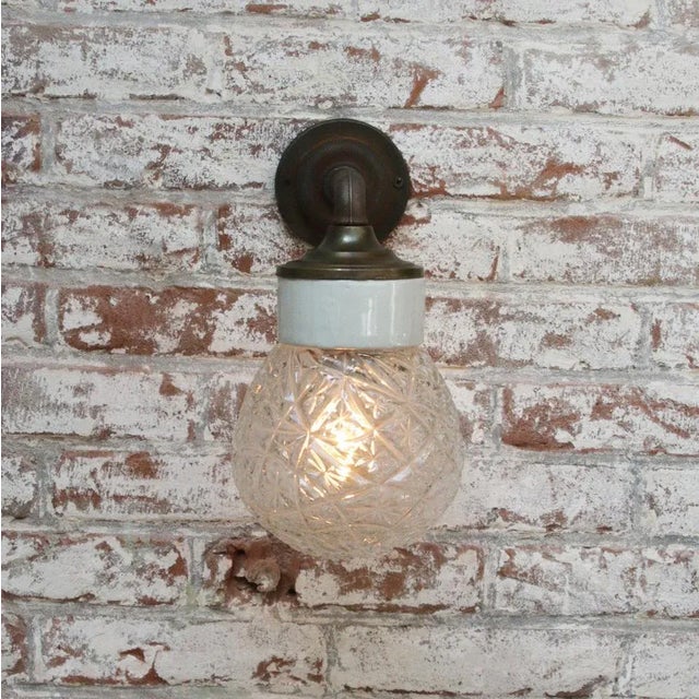 Glass Vintage Industrial Clear Glass, Brass & White Porcelain Wall Lamp For Sale - Image 7 of 10