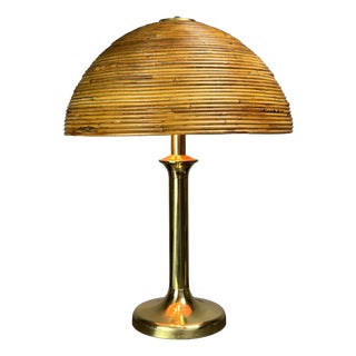 Mid-Century Italian Pencil Reed, Rattan and Brass Mushroom Table Lamp, 1970s For Sale