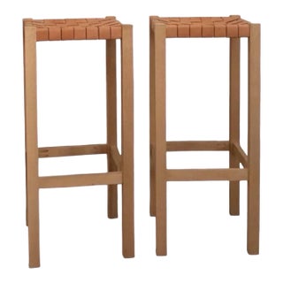 Pair of Oak and Woven Leather Bar Stools For Sale