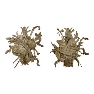 Mid 19th Century Pair of Hand Carved Wood French Provincial Wall Plaques Featuring a Bird Nest and Musical Instrument For Sale