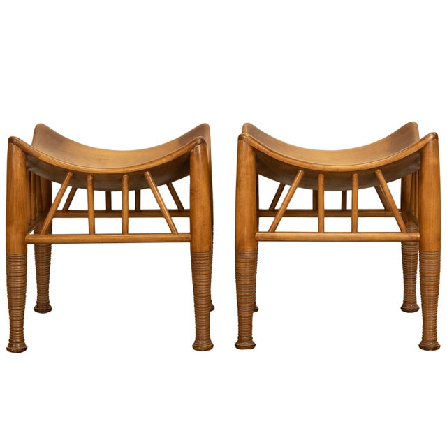 Wood Pair Antique Thebes Egyptian Revival Arts & Crafts Stools Liberty & Co 1900 For Sale - Image 7 of 18