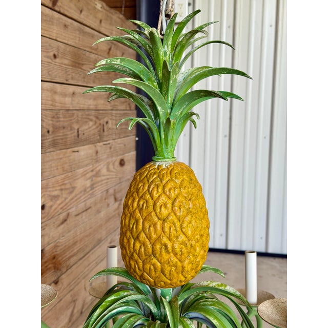 Vintage Whimsical Coastal Regency Pineapple Tole Nine-Light Chandelier For Sale - Image 9 of 12